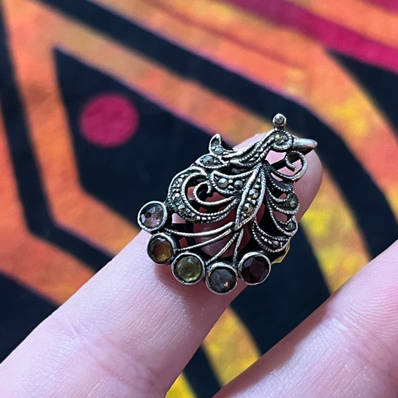 Vintage Jewelry - VTG Estate Peacock Gemstone Marcasite 925 Sterling Silver Size 5 Ring